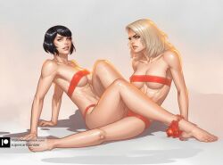 2girls abs ai_generated alternate_version_available athletic athletic_female barefoot female_only fit_female implied_tribadism original_character ribbon scissoring supercartoonizer tribadism uncensored_version_at_paywall uncensored_version_available yuri