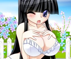 2013 big_breasts black_hair eyeshadow female_only flash_game flowers lingerie_only long_hair old_art one_eye_closed open_mouth unknown_artist