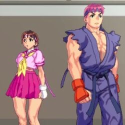 1boy 1boy1girl 1girls alternate_color animated ass ass_shake bandana belt bingo_torte bloomers buruma clothing female handwear headband human kabedon karate_gi lowres m_bison male muscular_female pale_skin pantyshot pantyshot_(standing) pinned_to_wall ryu_(street_fighter) sakura_kasugano school_uniform schoolgirl shocked shocked_expression shorter_than_30_seconds sigma_male skirt skirt_lift sportswear street_fighter surprised tagme thighs tomboy video