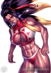 1girls abs alternate_version_at_source artist_logo biceps breasts cleavage_cutout dark-skinned_female dark_skin deltoids hi_res huge_breasts long_hair looking_at_viewer mentari_(phoebus_art) multicolored_hair muscular muscular_arms muscular_female nail_polish original patreon_username phoebus_art ponytail red_eyes sharp_teeth shiny_skin signature silver_nails smile solo sweat swimsuit url