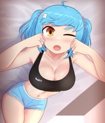 :o absurdres ahoge bare_shoulders black_sports_bra blue_hair blue_shorts blush brand_name_imitation breasts cleavage collarbone english_text female hair_ornament hairclip highres ii_(peps_art) large_breasts light_blue_hair looking_at_viewer lying navel navel_piercing on_bed one_eye_closed orange_hair original peps_art piercing short_shorts short_twintails shorts sidelocks sitting solo sports_bra swept_bangs thigh_gap twintails v