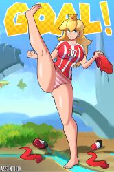 1girls assentlov big_breasts blonde_hair blue_eyes busty feet female female_only flexible hi_res high_kick large_breasts legs long_hair mario_(series) nintendo panties princess princess_peach shirt shorts shorts_removed smile soccer soccer_uniform solo super_smash_bros. thighs voluptuous