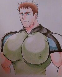 1boy bara bara_tiddies bara_tits big_chest big_pecs blue_eyes brown_hair chris_redfield gay huge_pecs k-sen male_only muscular muscular_male nipples_visible_through_clothing resident_evil solo_male tight_shirt wide_shoulders zipper_between_breasts zipper_between_pecs