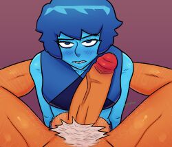 1futa 1girls annoyed big_penis blue_body blue_eyes blue_hair blush clothed futa_on_female futanari hairy hairy_balls hairy_legs jasper_(steven_universe) lapis_lazuli_(steven_universe) steven_universe tagme topotown