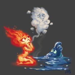 1girls elemental_(pixar) ember_lumen family fire kaek_art oddly_wholesome pixar steam wade_ripple water