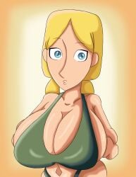 aged_up bikini bikini_bottom bikini_top blonde_hair blue_eyes breast_hold breast_lift breasts green_bikini green_bikini_bottom green_bikini_top green_swimsuit huge_breasts large_breasts nahual13 navel robyn_goodfellowe swimsuit wolfwalkers