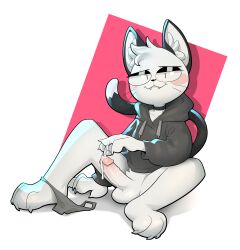 :3 absurd_res anthro balls black_body black_clothing black_hoodie black_topwear blush bodily_fluids bottomless choecoga claws clothed clothing clothing_aside collarbone cum cum_on_hand cum_on_self cute_fangs domestic_cat ejaculating_cum felid feline felis genital_fluids genitals hi_res hoodie hoodie_only looking_at_viewer male mammal masturbation multicolored_body panties panties_aside penis simple_background solo solo_male topwear topwear_only two_tone_body underwear underwear_aside white_body