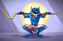 1boy anthro athletic balls big_balls big_penis clothed clothing crouching foreskin genitals hanging_balls hi_res looking_at_viewer male male_only mammal partially_clothed penis procyonid raccoon saggy_balls sly_cooper sly_cooper_(series) smile solo sony_corporation sony_interactive_entertainment squatting sucker_punch_productions thick_penis tompi_(artist) video_games