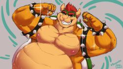 1boy bara big_belly bowser clovishusky daddy dilf fangs fat flexing flexing_arms flexing_bicep flexing_muscles gay horns koopa male_only mario_(series) nintendo no_visible_genitalia shiny smile