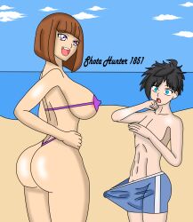 1boy 1boy1girl anime_style beach black_hair blue_eyes brown_hair danny_fenton danny_phantom female ghosthunter1851(artist) huge_ass huge_breasts huge_cock incest large_ass large_breasts large_penis madeline_fenton milf mother mother_and_son shocked shocked_expression short_hair thong thong_bikini wide_hips