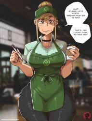 apron barista blush bottomless breastmilk breasts clerk_girl_(darkhatboy) darkhatboy drooling employee employee_uniform female female_only hypnosis lactation light-skinned_female light_skin looking_at_viewer milk solo solo_female standing starbucks tagme thick_thighs undressing wide_hips