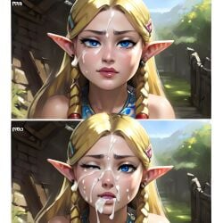 1girls after_sex ai_generated before_and_after blonde_hair blue_eyes cme_11_ai cum cum_on_breasts cum_on_face elf_ears implied_after_sex looking_at_viewer pale_skin pov pov_eye_contact princess_zelda smile smiling_at_viewer the_legend_of_zelda