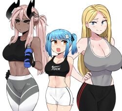 3girls absurdres aiko_(less) black_sclera black_sports_bra blonde_hair blue_eyes blue_hair borrowed_character bottle breasts cleavage colored_sclera covered_navel cowboy_shot crossover dark-skinned_female dark_skin demon_girl demon_horns flying_sweatdrops gloves hair_between_eyes hand_on_own_hip highres holding holding_bottle horns ii_(peps_art) large_breasts leotard light-skinned_female light_skin long_hair multiple_girls navel open_mouth original ousama_ranking peps_art pink_hair pointy_ears ponytail queen_hilling ranking_of_kings shorts simple_background smile sports_bra sweat trio twintails water_bottle white_background yellow_eyes