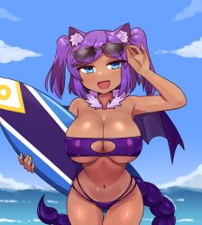 absurdres adjusting_eyewear animal_ear_fluff bare_shoulders bikini blue_eyes breasts cleavage cowboy_shot curvy eyewear_on_head female fur_collar highres large_breasts leaning_forward looking_at_viewer medium_hair multi-strapped_bikini ocean open_mouth original peps_art purple_hair scorpion_tail short_twintails sky smile solo strapless sunglasses surfboard swimsuit tail tan thigh_gap tube_top twintails twitter_username wide_hips wings