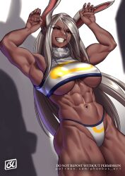 1girls :d abs alternate_version_at_source armpits artist_logo ass biceps breasts bunny_ears bunny_girl collarbone covered_nipples dark-skinned_female dark_skin eyelashes hi_res large_breasts long_eyelashes looking_at_viewer miruko muscular muscular_arms muscular_female my_hero_academia navel obliques panties patreon_username phoebus_art red_eyes rumi_usagiyama serratus_anterior solo thick_thighs underboob underwear url white_bra white_hair white_panties