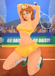 1girls armpits arms_behind_head big_breasts blue_eyes breasts brown_hair busty cleavage female female_only kneeling kuprite large_breasts legs looking_at_viewer mario_(series) mario_tennis midriff navel nintendo open_mouth pose posing princess princess_daisy racket sensual short_hair skirt smile tank_top tennis_racket thighs voluptuous