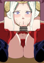 1boy 1girls age_difference alternate_costume blowjob_face breasts censor_bar censored cum cum_in_mouth edelgard_von_hresvelg ejaculation empress exposed_breasts fellatio fire_emblem fire_emblem:_three_houses horns large_breasts looking_at_viewer low-angle_view navel nintendo nipples panties penis post-timeskip pubes_on_face pubic_hair pubic_hair_in_mouth purple_eyes royalty saliva spread_legs stained_panties stockings straight testicles tonsuke voluptuous wet_pussy white_hair zoom_layer