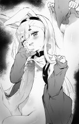 1boy absurdres animal_ears azur_lane blush clothes_lift covered_navel erection female greyscale hairband heart heart-shaped_pupils highres huge_cock jacket lifted_by_self long_hair looking_at_viewer lost-phews measuring_penetration_depth monochrome navel nipples off_shoulder one_eye_closed open_mouth penis pussy rabbit_ears shimakaze_(azur_lane) skirt skirt_lift sleeves_past_wrists straight symbol-shaped_pupils teeth uncensored upper_teeth_only veins veiny_penis