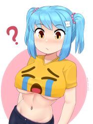 ? absurdres blue_hair blush breasts closed_mouth crop_top cropped_shirt crying_emoji emoji female hair_ornament hairclip highres ii_(peps_art) large_breasts light_blue_hair looking_at_breasts lowleg lowleg_pants midriff navel navel_piercing orange_eyes original panties pants panty_peek peps_art piercing pink_panties print_shirt shirt short_sleeves short_twintails sidelocks simple_background solo swept_bangs taut_clothes taut_shirt twintails twitter_username underboob underwear upper_body v-neck