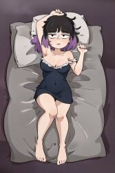 ai_generated ass ass_visible_through_thighs barefoot black_eyes black_hair breasts doublequack feet hilda_(series) huge_ass huge_breasts kaisa_(hilda) large_ass large_breasts navel navel_visible_through_clothes nightgown pale-skinned_female pale_skin purple_hair stable_diffusion tight_clothes tight_clothing two_tone_hair voluptuous voluptuous_female wide_hips