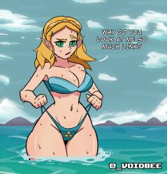 beach bikini blonde_hair bra green_eyes in_water legs naive nintendo princess princess_zelda royalty solo solo_female suspicious swimsuit tagme tears_of_the_kingdom text the_legend_of_zelda thick void_bee water wet zelda_(tears_of_the_kingdom)