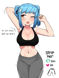 absurdres arm_behind_head arms_up bare_shoulders black_sports_bra blue_hair blush breasts cleavage collarbone contrapposto cowboy_shot english_text female grey_pants hair_ornament hairclip highres ii_(peps_art) large_breasts light_blue_hair looking_to_the_side meme midriff multicolored_nails nail_polish navel navel_piercing one_eye_closed open_mouth orange_eyes original pants panty_straps peps_art piercing short_twintails sidelocks solo sports_bra stretching sweatpants swept_bangs thigh_gap twintails twitter_strip_game_(meme) twitter_username underwear yawning