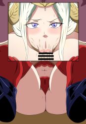 1boy 1girls age_difference alternate_costume blowjob_face breasts censor_bar censored cum cum_in_mouth cum_on_face edelgard_von_hresvelg ejaculation empress exposed_breasts fellatio fire_emblem fire_emblem:_three_houses horns large_breasts looking_at_viewer low-angle_view navel nintendo nipples panties penis post-timeskip pubes_on_face pubic_hair pubic_hair_in_mouth purple_eyes royalty saliva spread_legs stained_panties stockings straight testicles tonsuke voluptuous wet_pussy white_hair zoom_layer