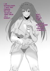 1girls dialogue fate/grand_order fate_(series) female long_hair monochrome nyahpa20 scathach_(fate) scathach_skadi solo swimsuit text