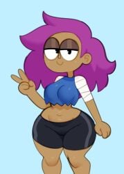 1girls cartoon_network enid eyeshadow female female_only looking_at_viewer magenta_hair navel ok_k.o.!_let's_be_heroes peace_sign scrubforfun solo solo_female solo_focus somescrub tan_body tan_skin thick_legs thick_thighs thighs wide_hips