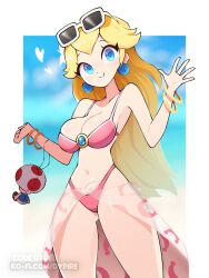 1girls big_breasts bikini blonde_hair blue_eyes breasts busty character_doll cleavage dypire female female_only heart large_breasts legs long_hair looking_at_viewer mario_(series) navel nintendo pink_bikini princess princess_peach princess_peach_(swimwear) sarong smile sunglasses_on_head super_mario_odyssey swimsuit thick_thighs thighs thong_bikini toad_(mario) voluptuous