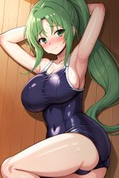 07th_expansion 1girls ai_generated armpits arms_behind_head big_breasts big_butt blush breasts busty butt female female_only green_eyes green_hair higurashi_no_naku_koro_ni large_breasts legs long_hair lying mion_sonozaki ponytail pose posing school sexy_armpits sweat swimsuit thighs voluptuous