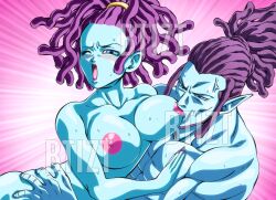 1boy 1girls angry blue_eyes blue_skin blush blushing breast_sucking breasts brother_and_sister btizt demon_ears dragon_ball dragon_ball_super elec_(dragon_ball) hetero incest large_breasts lipstick macki male/female muscular_male open_mouth pleasure_face purple_hair straight tongue upper_body watermark