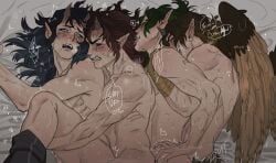 4boys abs aizetsu angry avian_arms avian_wings bed bed_sqeaking black_sclera blush blushed breath brown_hair clenched_teeth completely_nude completely_nude_male crying crying_with_eyes_open dark_green_hair dark_hair demon demon_boy demon_horns demon_slayer drooling english_text fangs from_behind gay green_hair hantengu horns implied_anal implied_sex karaku kimetsu_no_yaiba leg_grab long_hair long_hair_male looking_at_another looking_at_partner looking_back male male_only male_penetrated male_penetrating male_penetrating_male mmmm_foursome multiple_boys multiple_persona muscular muscular_male nude nude_male on_side open_mouth p_parituhh penetration pointy_ears profile sekido selfcest sex spoon_position sweat tears tengu tongue_out train_position two_tone_hair unseen_penetration urogi veiny_arms veiny_muscles wings yaoi youkai