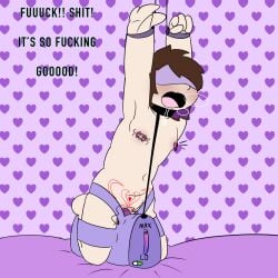 1boy andromorph blindfold bondage brown_hair cuntboy demonicseraphim drooling enthusiastic_consent first_porn_of_character helpless hip_restraints intersex kneeling male male_only malesub oc original_character overstimulation pubic_tattoo purple_background purple_hair restrained sex_machine sex_toy shadow_(demonicseraphim) strapped_in_toy sybian two_tone_hair vibrator vibrator_on_nipples visible_breath yelling