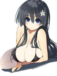 1girls alternate_breast_size big_breasts black_hair blue_eyes blush breasts busty collarbone female female_focus female_only flower hair_flower hair_ornament hanging_breasts huge_breasts kawakami_masaki large_breasts long_hair looking_at_viewer lying on_side saten_ruiko sensual solo to_aru_kagaku_no_railgun to_aru_majutsu_no_index voluptuous