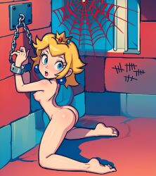 ai_generated ass barefoot beige_skin blue_eyes blush bondage bound breasts chains color crown damsel_in_distress ear_piercing feet female female_only femsub hair human indoors kneeling long_hair looking_back mario_(series) nintendo nipples nude open_eyes open_mouth piercing princess_peach prison_bitch prisoner round_ears side_view soles solo stable_diffusion super_princess_peach tally tally_marks web yellow_hair