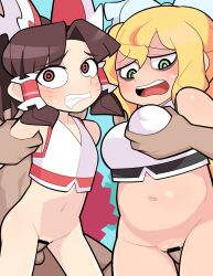 2boys 2girls alternate_costume armpits arms_up bags_under_eyes bar_censor benikurage_(cookie) blonde_hair blue_background bottomless bow breasts brown_hair censored cheerleader commentary_request cookie_(touhou) covered_nipples cowboy_shot crop_top facial_mark flat_chest frilled_bow frilled_hair_tubes frills grabbing grabbing_another's_breast green_eyes hair_between_eyes hair_tubes hairbow hakurei_reimu hospital_king kirisame_marisa large_breasts long_hair marisa_kirisame mars_(cookie) medium_bangs medium_hair multiple_boys multiple_girls navel open_mouth parted_bangs penis plump pom_pom_(cheerleading) ponytail pussy red_bow red_eyes reimu_hakurei ringed_eyes round_teeth sex sex_from_behind simple_background small_breasts smile straight teeth textless_version touhou vaginal_penetration wavy_mouth whisker_markings white_bow