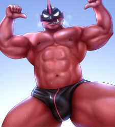 1boy arms_up bara black_speedo bulge dark-skinned_male fang kyatune live-a-hero mafia male male_only muscular_male red_skin solo_male speedo swimsuit