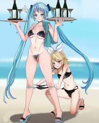 !? 2girls aqua_hair aqua_nails aruman assisted_exposure beach bikini bikini_pull black_bikini blonde_hair blue_eyes blue_sky blurry blurry_background bottle bow breasts censored clothes_pull cloud cocktail_glass colored_shoe_soles commentary cup drinking_glass female_pubic_hair full_body grin hair_ornament hairband hairbow hairclip hands_up hatsune_miku high_heels highres holding holding_tray horizon kagamine_rin large_breasts long_hair looking_down mosaic_censoring multiple_girls navel ocean on_one_knee outdoors paid_reward_available pantsing pubic_hair pulled_by_another pussy raised_eyebrow sandals sky small_breasts smile standing swept_bangs swimsuit towel_on_one_shoulder tray trembling twintails variant_set very_long_hair vocaloid white_bow white_hairband wine_bottle