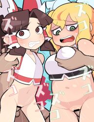 2boys 2girls alternate_costume armpits arms_up bags_under_eyes bar_censor benikurage_(cookie) blonde_hair blue_background bottomless bow breasts brown_hair censored cheerleader commentary_request cookie_(touhou) covered_nipples cowboy_shot crop_top facial_mark flat_chest frilled_bow frilled_hair_tubes frills grabbing grabbing_another's_breast green_eyes hair_between_eyes hair_tubes hairbow hakurei_reimu hospital_king kirisame_marisa large_breasts long_hair marisa_kirisame mars_(cookie) medium_bangs medium_hair multiple_boys multiple_girls navel open_mouth parted_bangs penis plump pom_pom_(cheerleading) ponytail pussy red_bow red_eyes reimu_hakurei ringed_eyes round_teeth sex sex_from_behind simple_background small_breasts smile straight teeth touhou vaginal_penetration wavy_mouth whisker_markings white_bow