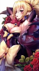 1girls armpits arms_behind_head bare_shoulders bat_wings big_breasts black_dress blonde_hair bow breasts bright_pupils busty cleavage demon_girl disgaea disgaea_2 dress female female_only large_breasts nippon_ichi_software pointy_ears ponytail pose posing red_eyes rozalin sensual sexy_armpits slit_pupils smile solo strapless strapless_dress wings yellow_bow