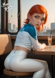 1girls ai_generated ass ass_focus ben_10 female female_only green_eyes gwen_tennyson moonbase_nsfw orange_hair pants petite realistic shirt short_hair sitting solo stable_diffusion