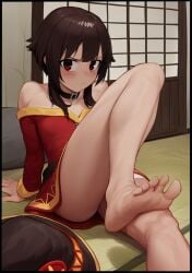 1girls architecture asymmetrical_legwear bandaged_leg bandages barefoot belt black_choker black_hair blush brown_hair button_eyes buttons choker collarbone dress east_asian_architecture feet female female_only foot_fetish foot_focus hat highres kono_subarashii_sekai_ni_shukufuku_wo! light-skinned_female looking_at_viewer megumin mismatched_legwear off-shoulder_dress off_shoulder presenting_foot red_dress red_eyes short_hair short_hair_with_long_locks shouji sitting sliding_doors soles solo tatami thighs timruya toes upskirt witch_hat