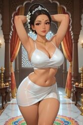 1girls ai_generated architecture archway armpit_crease armpits arms_behind_head belly_button bindi black_hair caramel-skinned_female cleavage earrings female flower_in_hair grok hair_bun halter_top hourglass_figure indian indian_clothes indian_female lipstick medium_breasts midriff miniskirt necklace pillar rgomez007 self_upload sideboob smiling_at_viewer solo_female standing thick_outline thick_thighs tiara traditional_clothes updo warm_colors warm_lighting white_clothing wide_hips