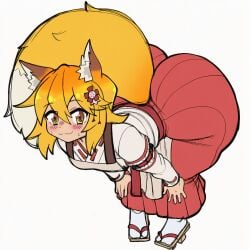 1girls ai_generated analover21 bent_over big_ass blush female female_only fox_girl kitsune novelai senko_(sewayaki_kitsune_no_senko-san) sewayaki_kitsune_no_senko-san shortstack solo white_background