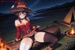 ai_generated bandaged_leg bandages bare_shoulders belt black_belt black_gloves black_legwear black_panties blush breasts brown_hair choker collarbone dress female female_only fingerless_gloves fire gloves hat hi_res high_quality high_resolution kiraamane kono_subarashii_sekai_ni_shukufuku_wo! long_sleeves looking_at_viewer megumin night outdoors panties patreon patreon_logo patreon_username red_dress red_eyes seductive sexy short_hair single_thighhigh sitting sky small_breasts smile solo star_(sky) starry_sky thighhighs uncensored underwear watermark web_address witch_hat
