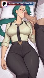 artist_name 2026 1girls ai_generated 1girl stable_diffusion high_quality highres electroworld patreon hi_res watermark patreon_username high_resolution white_shirt oral_sex 1boy pants facial cum fellatio cock boobs dick tits bust breasts pillow black_pants hetero cum_in_mouth closed_eyes sucking on_bed blowjob blowjob_face bed earrings shirt lying_on_back erection long_hair green_hair laying_down penis chest bed_sheet solo_focus oral licking necktie uncensored on_back rika_(pokemon) pokemon