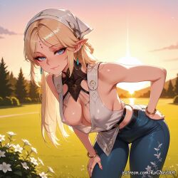 2026 ai_generated anime areola_slip bangle bangs bare_shoulders belt bent_over blonde_hair blue_eyes blue_pants bracelet braid braided_hair breasts cartethyia_(wuthering_waves) cleavage cleavage_cutout closed_mouth clothing_cutout covered_nipples crossover denim earrings elf eye_contact facial_mark female female_focus female_only flower forehead_mark hand_on_hip hand_on_own_thigh highres huge_breasts jeans jewelry large_breasts leaning_forward long_hair looking_at_viewer medium_breasts neutral_expression no_bra nsfw outdoors pants parted_bangs patreon pointy_ears ring rognezart shirt sleeveless sleeveless_shirt smile smiling solo sun sunset very_long_hair wuthering_waves
