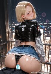 1boy ai_generated anal android_18 ass belt black_jacket black_panties blonde_hair blue_eyes blush censored city_lights cityscape clothed_sex clothing_aside cowgirl_position crop_top denim denim_skirt dragon_ball dragon_ball_super dragon_ball_z earrings female from_behind grin jacket jewelry kermixx long_sleeves looking_at_viewer looking_back night outdoors panties panties_aside patreon_username penis pov railing reverse_cowgirl_position sex sex_from_behind shiny shiny_skin shirt short_hair short_sleeves skirt skirt_lift smile solo_focus straight striped sweat thong underwear vaginal_penetration