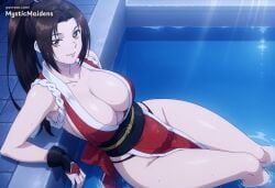 ai_generated anime anime_style arm_support artist_name bare_shoulders breasts brown_eyes brown_hair capcom cleavage closed_mouth collarbone fatal_fury fatal_fury:_city_of_the_wolves fatal_fury_2 fatal_fury_the_motion_picture female hentai hi_res high_ponytail japanese_clothes king_of_fighters large_breasts long_hair looking_at_viewer mai_shiranui mystic_maidens ninja no_bra obi panties parted_bangs patreon patreon_username pelvic_curtain ponytail pool poolside revealing_clothes rope sash sitting smile snk solo street_fighter street_fighter_6 thighs underwear water wet
